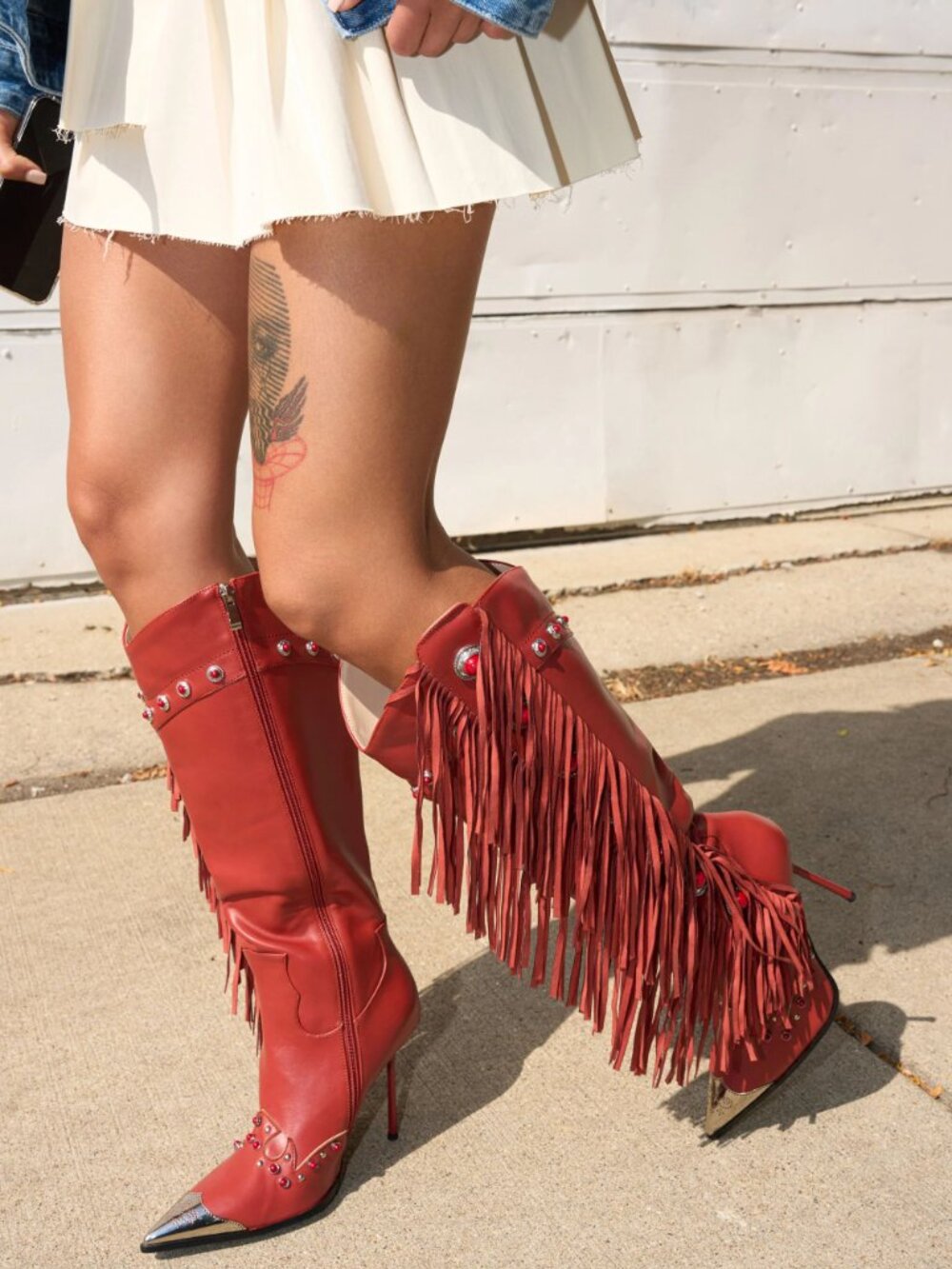 AZALEA WANG Pelagiana Boots Red Fringe Rhinestone Western Stiletto Heels NEW - Picture 4 of 8